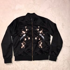 Forever 21 Black Embroidered Satin Bomber Jacket